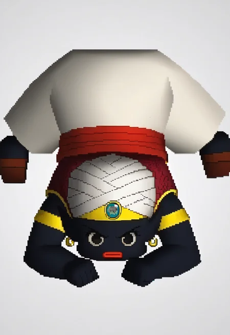 score_9, score_8_up, score_7_up BREAK source_anime, <lora:zs_FFVIIChibisXL_1:1> ffviichibis, chibi, standing, full body, white background, <lora:PopoXL:0.8> mrpopo, black eyes, black skin, red lips, pointy ears, brown naked vest, white turban, blue gemstone, white baggy pants, red pointy shoes, red sash, armlet, earrings, sleeveless, jack-o' challenge, top-down bottom-up