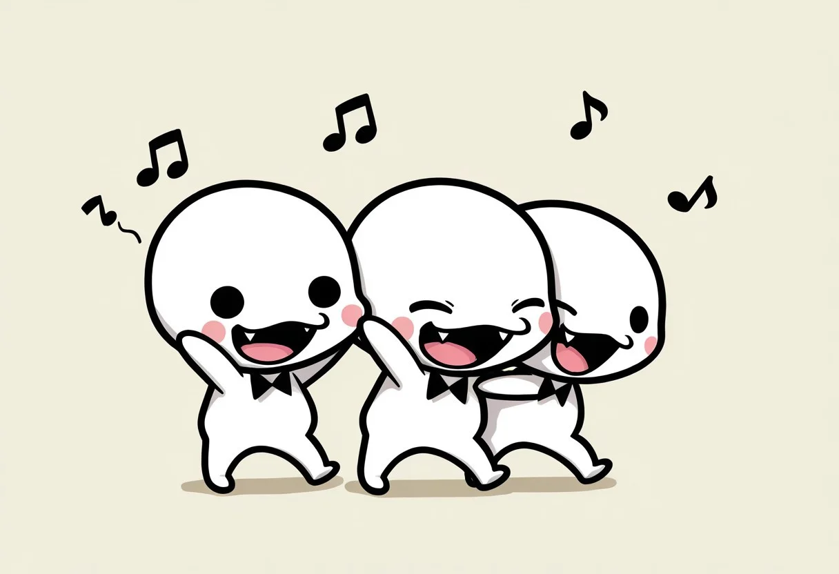 ch0rus_RH, 3boys, clone, multiple boys, lineup, no nose, white skin, solid circle eyes, black eyes, :3, smile, open mouth, fangs, tongue, masterpiece, absurdres, amazing quality, ultra-detailed, best quality, miniperson, short, no humans, chibi, black bowtie, hands up, full body, blush stickers, slightly chubby, music note, group hug, one eye closed, closed eyes, laughing, happy, cute,
BREAK
simple background, abstract background, shadow, detailed shading,