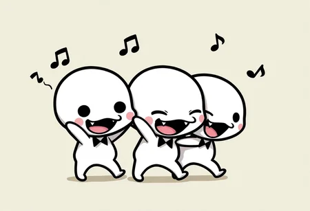 ch0rus_RH, 3boys, clone, multiple boys, lineup, no nose, white skin, solid circle eyes, black eyes, :3, smile, open mouth, fangs, tongue, masterpiece, absurdres, amazing quality, ultra-detailed, best quality, miniperson, short, no humans, chibi, black bowtie, hands up, full body, blush stickers, slightly chubby, music note, group hug, one eye closed, closed eyes, laughing, happy, cute,
BREAK
simple background, abstract background, shadow, detailed shading,