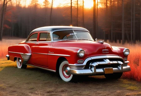 very realistic photograph of a red 1953 Pontiac car parked in a field, in sunset lighting, hardwood forest background, extremely detailed