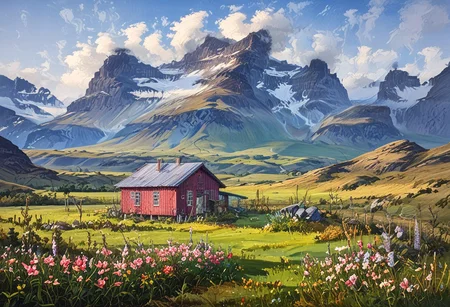 Icelandic landscape scene, steep mountain valley, lush green fields, small lumbermill, simon stalenhag, storm, dark clouds, windswept, stormy weather, complementary colors, ((Highest quality:1.0),(High resolution:1.0), (masterpiece:1.0), (ground level view:0.6, viewer looking up:0.6), beautiful and aesthetic:1.3), extreme detailed, colorful, highest detailed,((ultra-detailed)),(highly detailed CG illustration),,