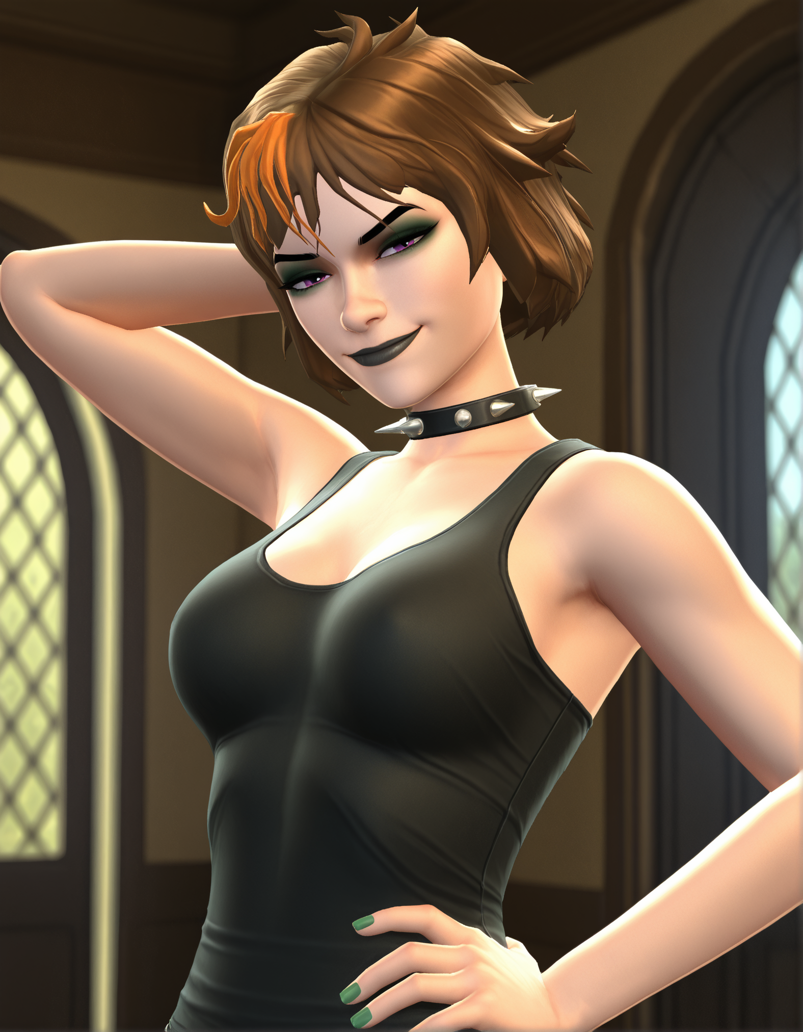 1girl, merula, realistic, 3d, short hair, brown hair, purple eyes, black lipstick, eyeshadow, makeup, spiked collar, upper body, arm behind head, medium breasts, black tank top, green nail polish, hand on own hip, looking at viewer, half-closed eyes, smile, blurry background, indoors, highly detailed, masterpiece, best quality, amazing quality, very aesthetic, absurdres