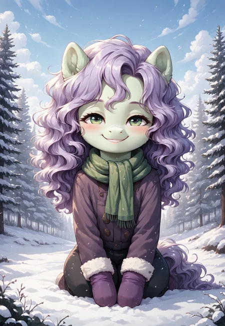 masterpiece, score_9_up, score_8_up, score_7_up, score_6_up, source_furry, (best quality:1.1), ultra-detailed, high resolution, solo, highly detailed macro illustration BREAK 1girl, feral pony, (green eyes), long eyelashes, (light purple soft wavy hair), light green fur, (cute face:1.3), on knees, <lora:anyas-heh-face-ponyxl-lora-nochekaiser:1> anyas heh face, anya's heh face (meme), smile, smug, BREAK winter coat, green scarf, purple gloves, surrounded by a snow-covered forest, soft snow falling, footprints in the snow, outside, winter BREAK sharp focus, perfect lighting, anatomically correct, extremely detailed, high detail, detailed background, OverallDetail, zPDXL3, good_hands