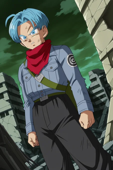 anime screencap, anime coloring, detailed face, masterpiece, best quality, very aesthetic, absurdres,  official style, amazing quality, ultra detailed,  highres, amazing quality, scenery, beautiful detailed hair, beautiful detailed eyes,
<lora:2-in-1_Mai_and_Trunks_Dragon_Ball_Super_-_Future_Trunks_Saga_appearances:1>
Future Trunks (character), trunks (dragon ball), 1boy, male focus, solo, blue eyes, blue hair, denim jacket, dark pants, ruins, dutch angle, dirty, belt, red neckerchief, outdoors