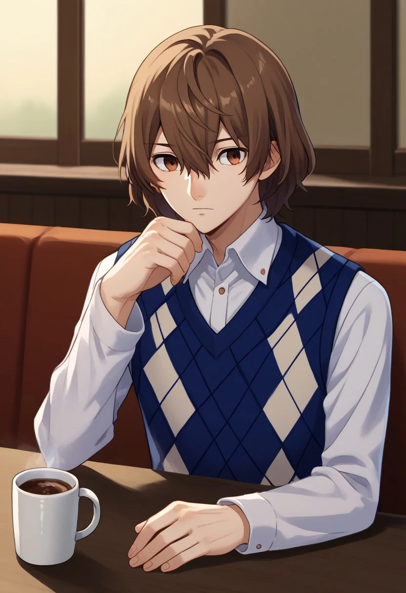 score_9, score_7_up, source_anime
goro, 1boy, male focus, solo, brown eyes, brown hair, hair between eyes, shirt, white shirt, collared shirt, long sleeves, vest, sweater vest, argyle,
indoor, table, cup, coffee, sitting,