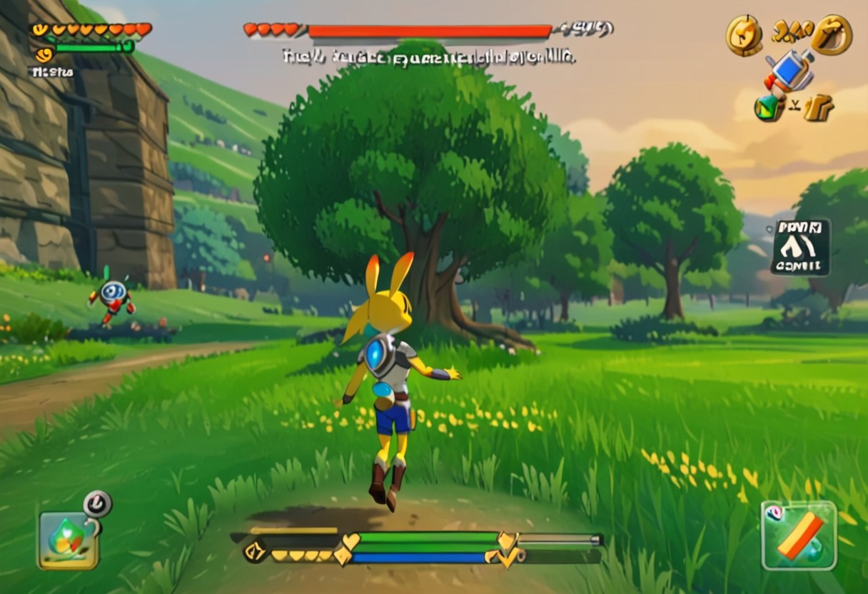 zPDXL3, Score_7_up, score_8_up,vg_ss, english text, fake screenshot, user interface, minimap, Health bar, Gameplay mechanics , ((Third person view)), 
BREAK,
 facing away, 1girl, anthro rabbit, white and gold warrior gear, (jumping in the air:1.13), 
Grassy hills,