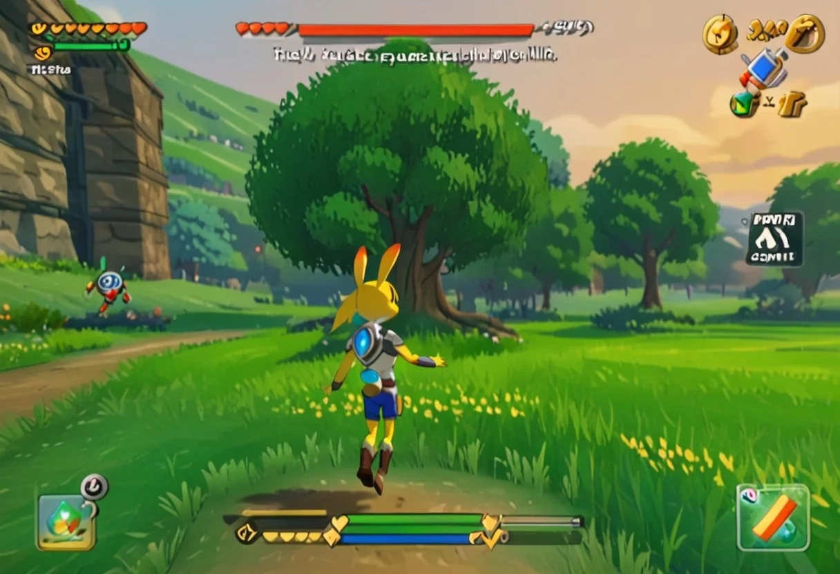 zPDXL3, Score_7_up, score_8_up,vg_ss, english text, fake screenshot, user interface, minimap, Health bar, Gameplay mechanics , ((Third person view)),
BREAK,
facing away, 1girl, anthro rabbit, white and gold warrior gear, (jumping in the air:1.13),
Grassy hills,