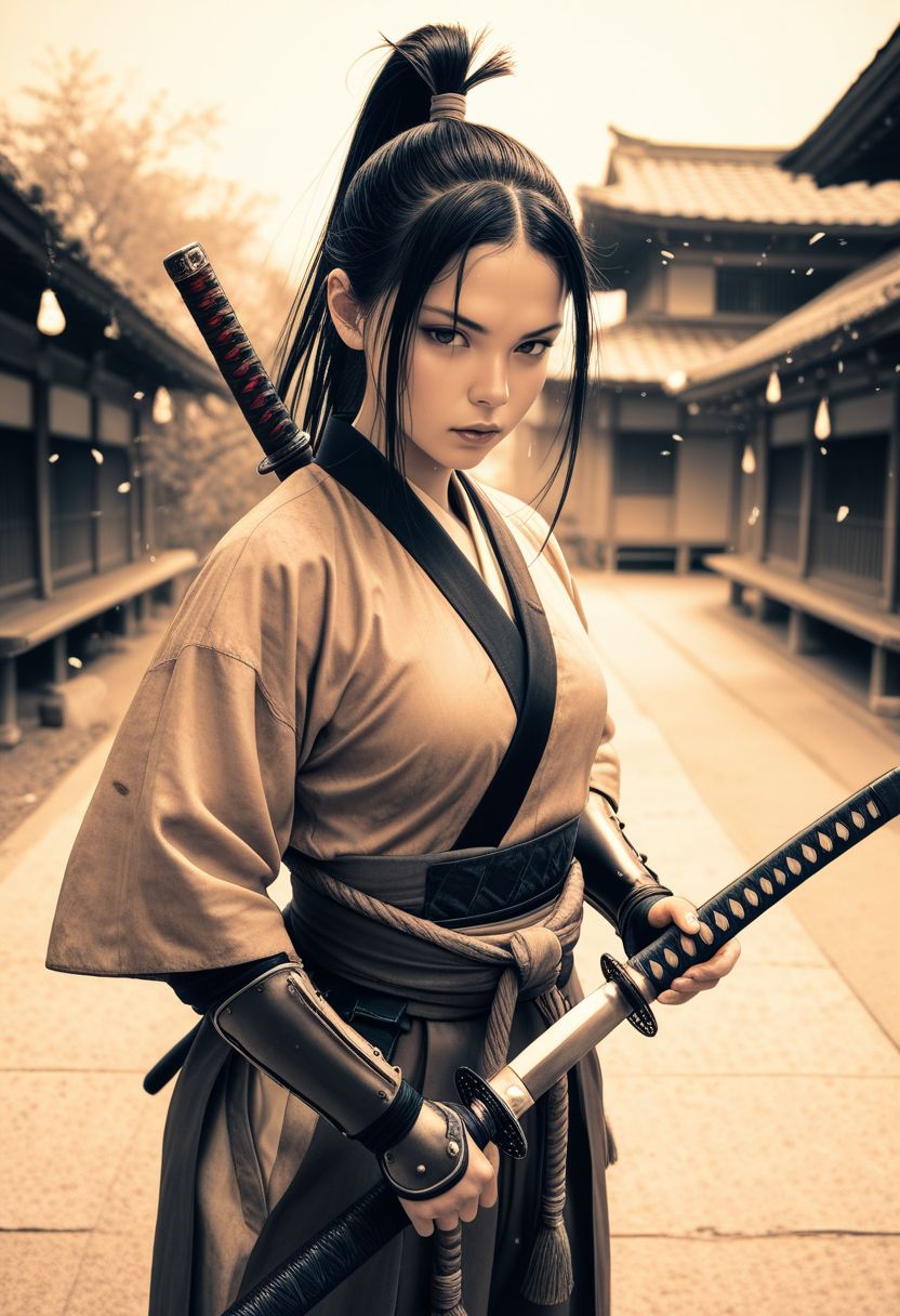 SmoothNoob_Quality, ink artstyle, wabi-sabi, sepia, 1girl,japanese female warrior, holding katana, dramatic pose