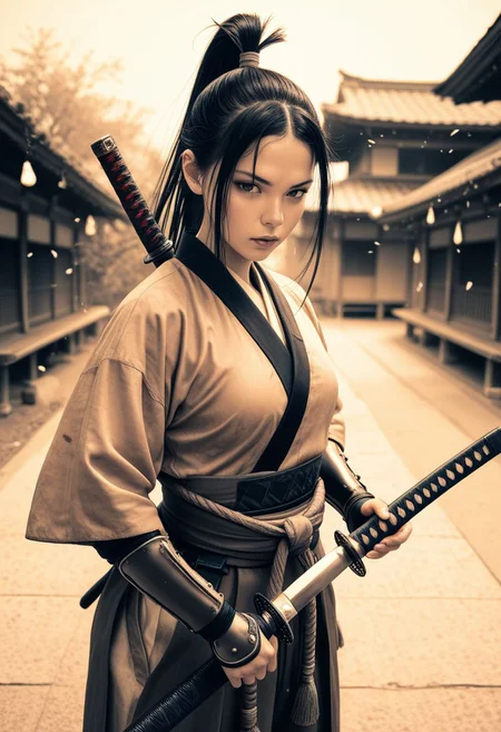 SmoothNoob_Quality, ink artstyle, wabi-sabi, sepia, 1girl,japanese female warrior, holding katana, dramatic pose
