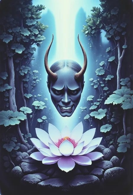 Satyr ArsMovieStill, movie still from a 1970s horror movie Studio Ghibli Dark Fairytale depicting a cursed hannya mask with horns and fangs blooming out of a blue lotus in a liminal bonsai garden with eerie radiating cyan and magenta miasma