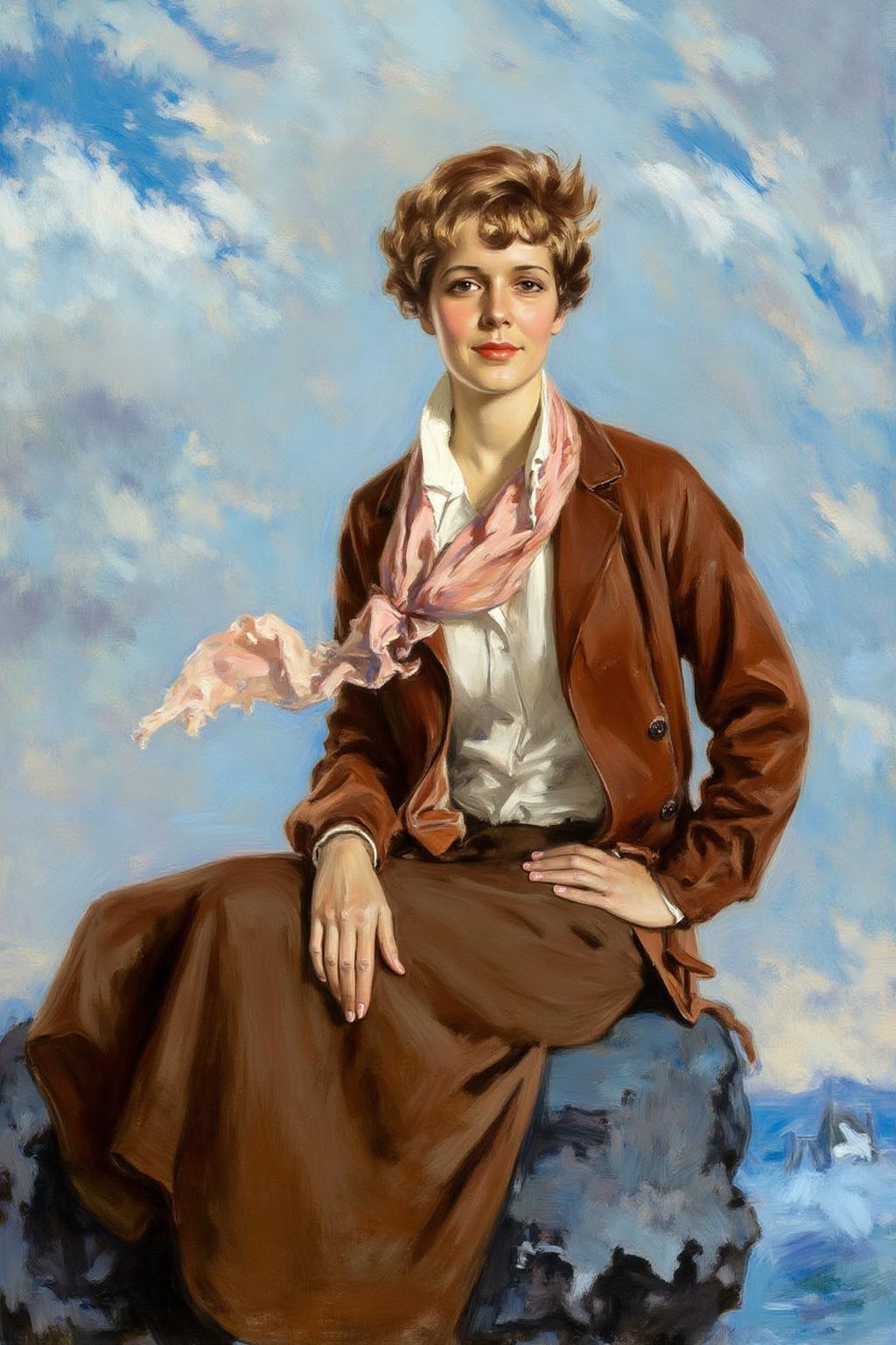 howardchandlerchristy1 illustration.
Amelia Earhart, a woman with short light brown hair, in a brown jacket, white shirt, and brown skirt, sits on a rock with a pink scarf. She is looking directly at the viewer, with one hand resting on her knee and the other hand resting on her waist. The background is a blue sky with white cloud formations. <lora:howardchandlerchristy1_d8a4e11:1.0><lora:865837257926417951:0>