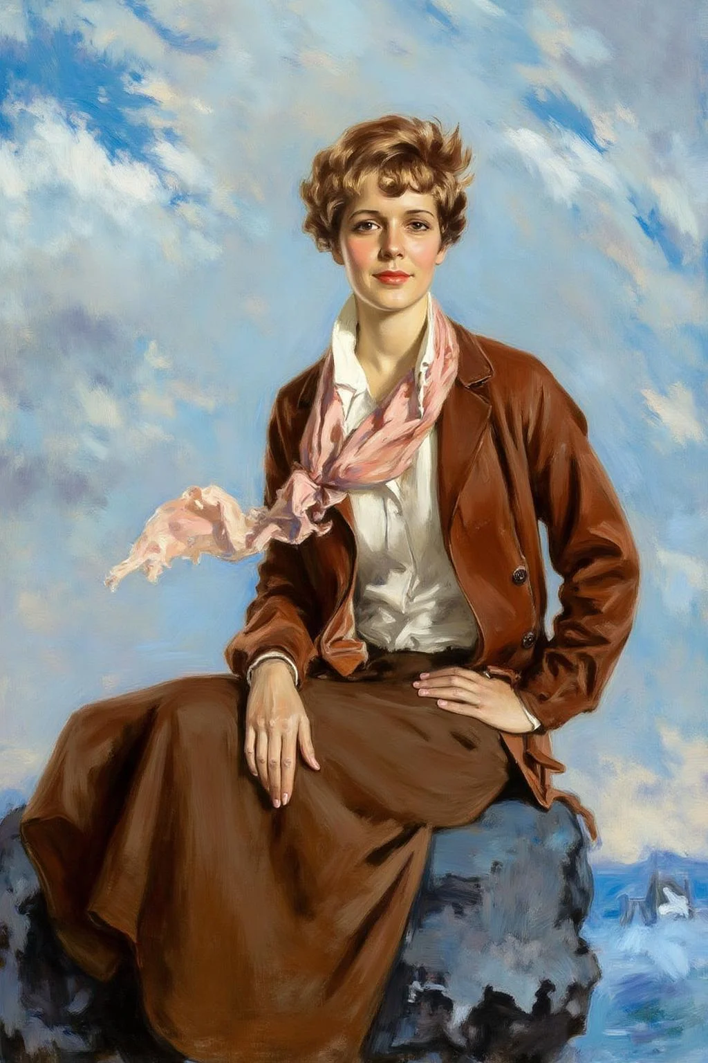 howardchandlerchristy1 illustration.
Amelia Earhart, a woman with short light brown hair, in a brown jacket, white shirt, and brown skirt, sits on a rock with a pink scarf. She is looking directly at the viewer, with one hand resting on her knee and the other hand resting on her waist. The background is a blue sky with white cloud formations. <lora:howardchandlerchristy1_d8a4e11:1.0><lora:865837257926417951:0>