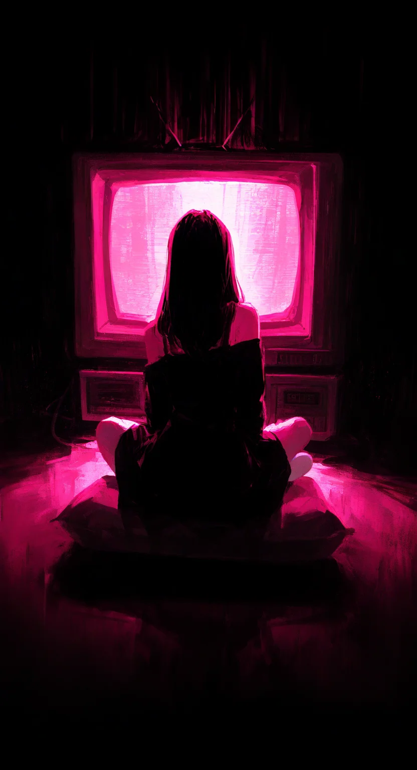 masterpiece, best quality, good quality, very aesthetic, absurdres, newest,1girl, black long hair, black Nightdress,Off-shoulder, crossed legs, CRT, crt's light rays,from behind, girl focus, monochrome, on cushion, pink theme, shadow, sitting, television, white socks,looking_at_CRT, backlighting, dark background, chiaroscuro,Loneliness, silence,light_particles,glow <lora:ponyv5_noobV065S_1_adamW-000013:0.7> <lora:USNR_STYLE_XL_lokr:0.45> <lora:ATNR_STYLE_XL_P-000016:0.65> <lora:96YOTTEA-WAI:0.75>