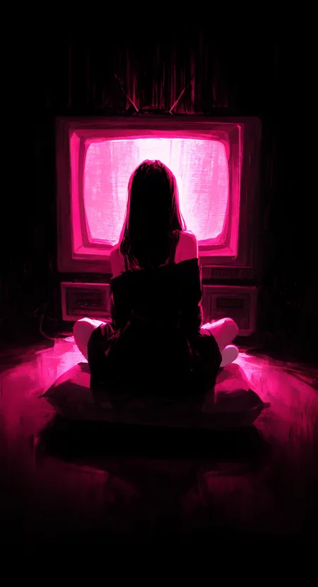 masterpiece, best quality, good quality, very aesthetic, absurdres, newest,1girl, black long hair, black Nightdress,Off-shoulder, crossed legs, CRT, crt's light rays,from behind, girl focus, monochrome, on cushion, pink theme, shadow, sitting, television, white socks,looking_at_CRT, backlighting, dark background, chiaroscuro,Loneliness, silence,light_particles,glow <lora:ponyv5_noobV065S_1_adamW-000013:0.7> <lora:USNR_STYLE_XL_lokr:0.45> <lora:ATNR_STYLE_XL_P-000016:0.65> <lora:96YOTTEA-WAI:0.75>