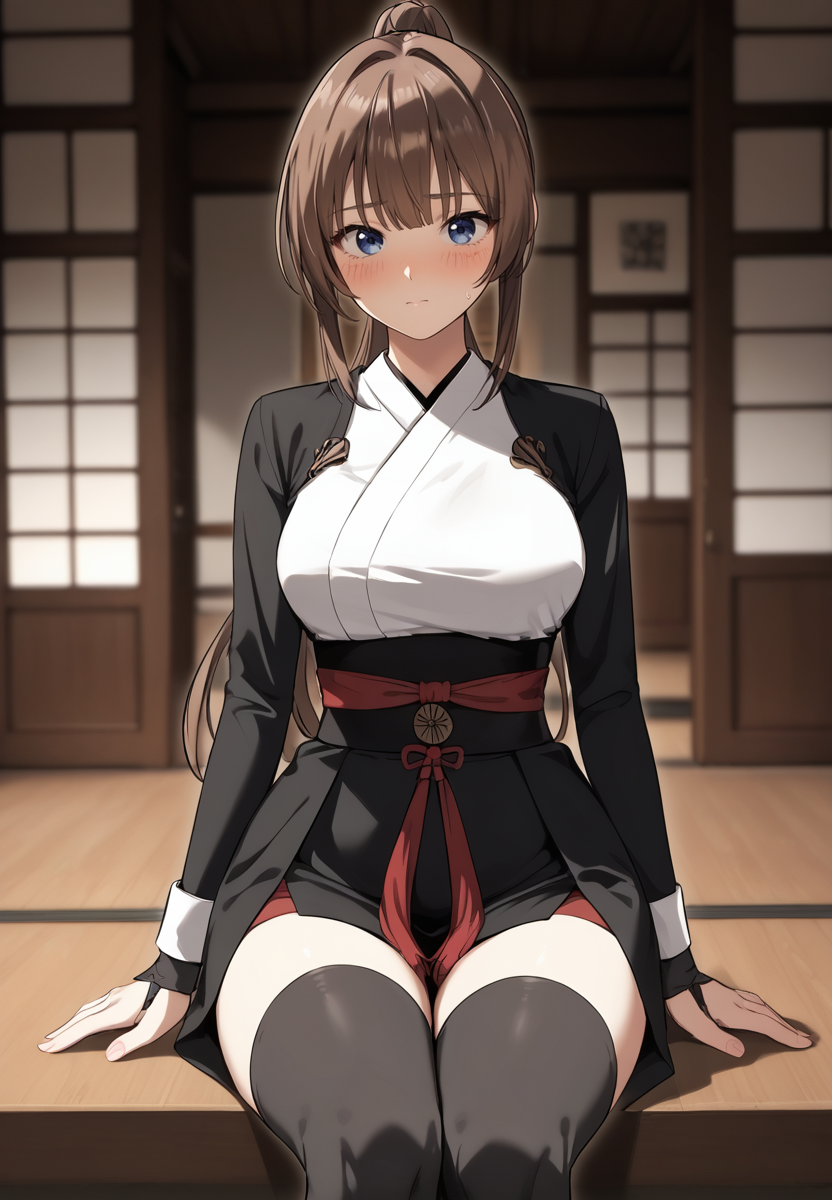 zPDXL3, score_9_up, score_8_up, score_7_up, (Anime_source),Masterpiece,(perfect female body:1.2), small waist,(incredibly detailed:1.4), slim, beautiful fingers, beautiful white skin, Beautiful clear skin, (large breasts:1.4)  thighs, looking at viewer, big breasts, <lora:Alicia_Arden_-_I_Killed_the_Player_of_the_Academy-Kaleid-PONY:0.8> aliciaarden, 1girl, brown hair, long hair ponytail, blue eyes, bangs, (facing viewer:1.5) japanese clothes, black skirt, obi, red ribbon, black thighhighs, white kimono, black jacket, sitting, crossed legs, (blush:1.3) embarrassed,