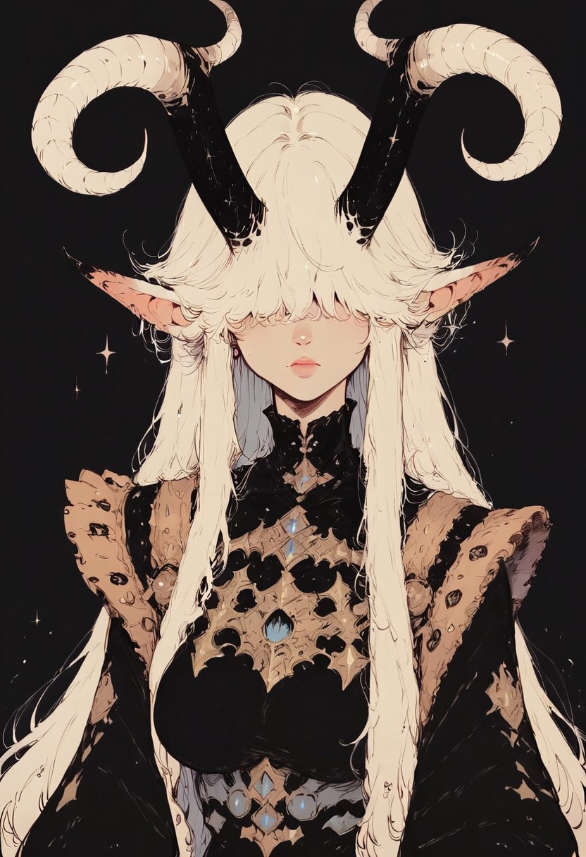 score_9, score_8_up, score_7_up, score_6_up, d4rkpurp, black background, portrait, white hair, hair over eyes, big breasts, horns, black armor