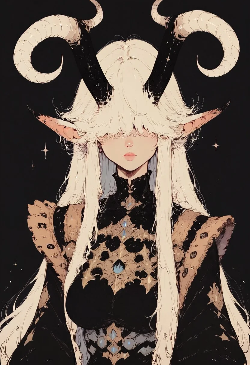 score_9, score_8_up, score_7_up, score_6_up, d4rkpurp, black background, portrait, white hair, hair over eyes, big breasts, horns, black armor