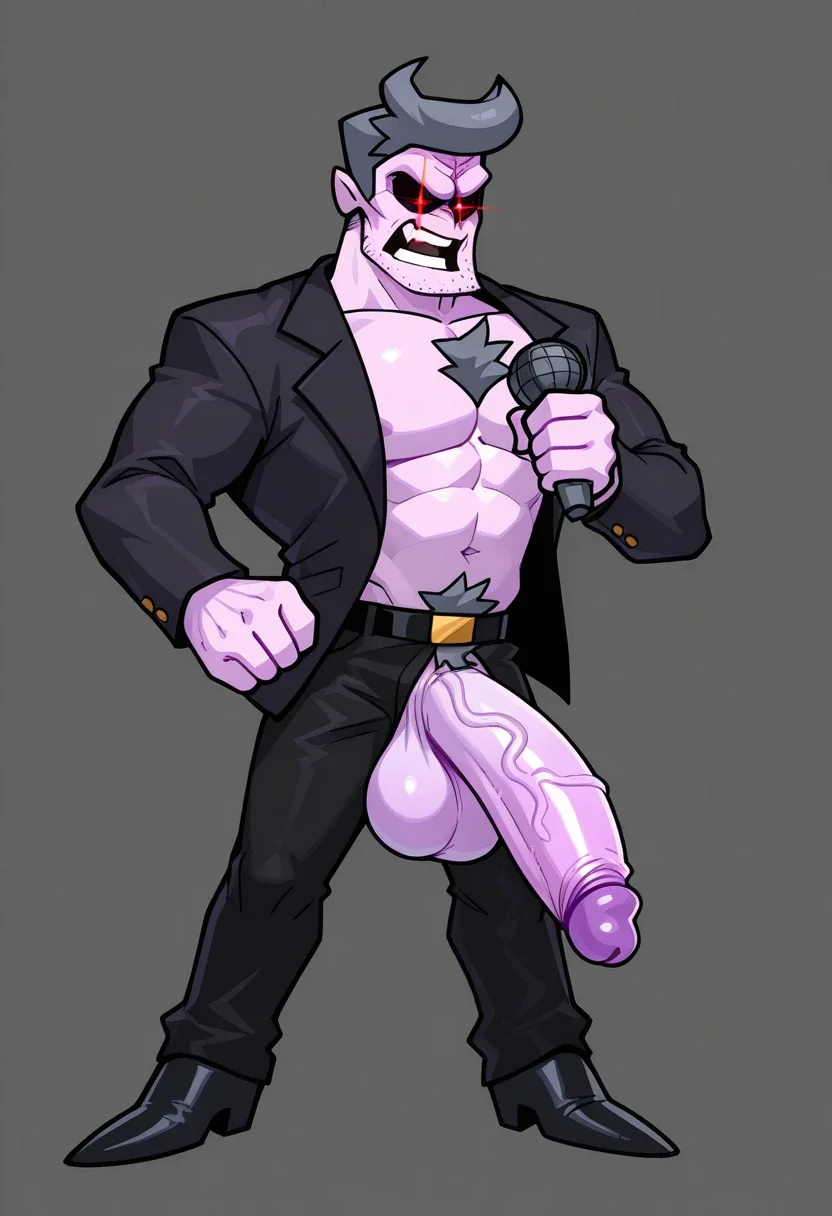 DaddyDearestFNF, 1boy, lavender skin, black hollow eyes, red glowing pupils, grayish-lilac hair, open black suit jacket without a shirt, black pants, belt with a golden buckle, black heeled dress shoes, silver watch, black sclera, colored sclera, solo, full body, huge penis, huge balls, masturbation