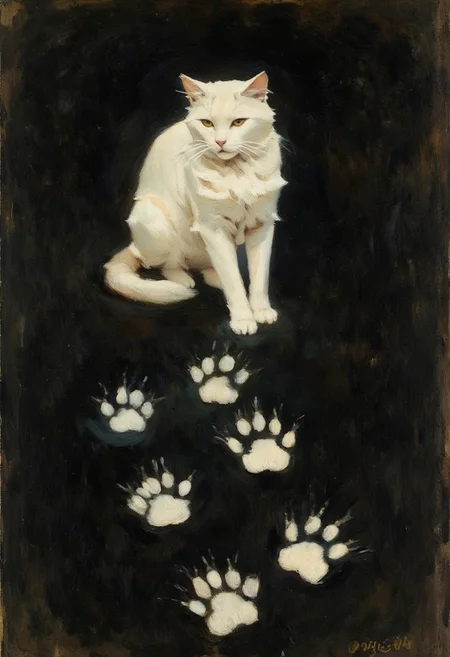 Victorian era oil painting by Henrietta Rae of a negative colored paintsplash of a cat with several cat paw prints. White on black background.