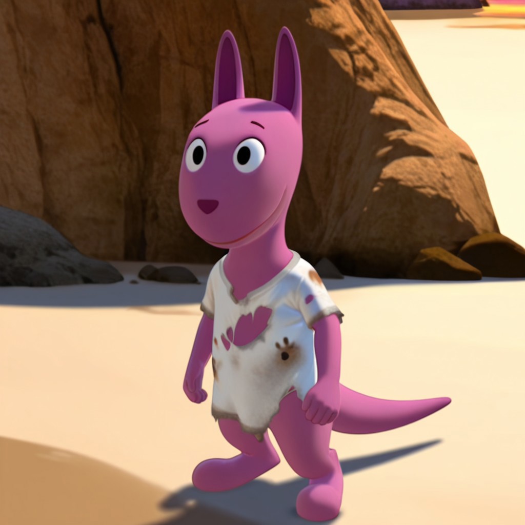 masterpiece, best quality, amazing quality, AustinByil, anthro, male, kangaroo, purple fur, black eyes, white shirt, dirty shirt, torn shirt, on the beach,  solo, 1boy,