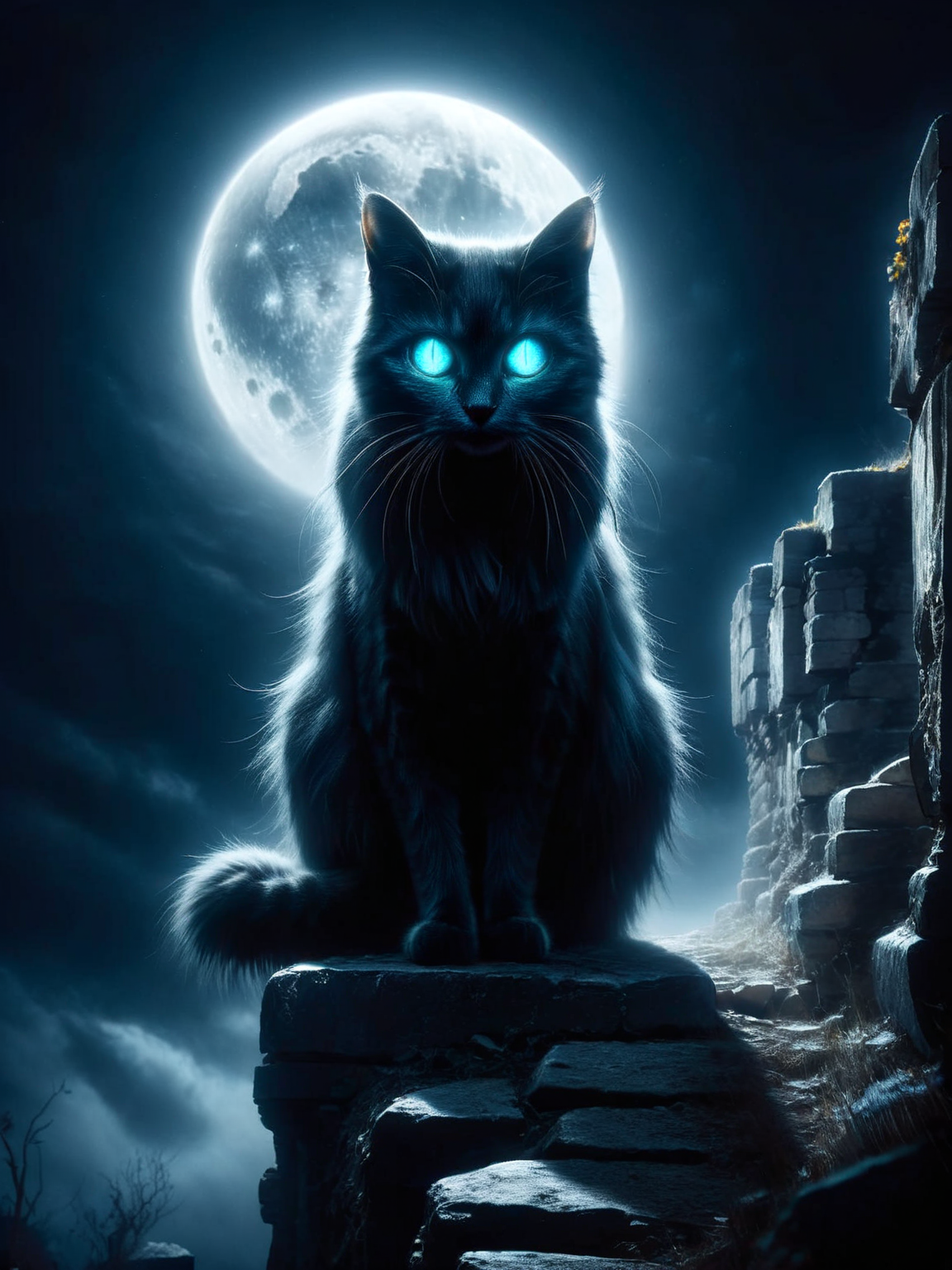 A ghostly ais-crsd cat with glowing eyes, sitting atop a crumbling wall in the moonlight, watching the world with an unfathomable gaze. <lora:ais-crsd-sdxl:1>