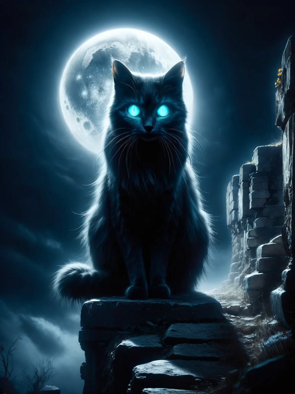 A ghostly ais-crsd cat with glowing eyes, sitting atop a crumbling wall in the moonlight, watching the world with an unfathomable gaze. <lora:ais-crsd-sdxl:1>