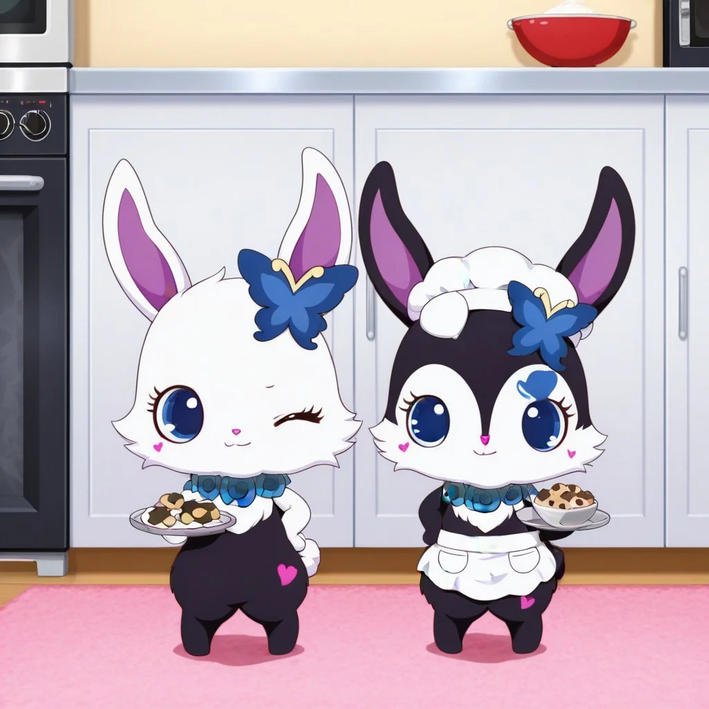 score_9, score_8_up, score_7_up, score_6_up, score_5_up,
best quality, masterpiece, smirks, Full Body, Romantic, Small Body, Furry, looking_pleasured, duo, female/female, 2girls, kitchen, chefs hat, chefs shirt, chefs skirt, rubyjp, no humans, rabbit, chibi, furry, hair ornament, necklace, jewelry, chest fur, white fur, chef outfit, mixing cookie mix, large bowl, luea, feral, blue eyes, rabbit, furry, rabbit ears, black fur, purple inner ear, white chest fur, white face, chibi, body fur, (blue butterfly hair ornament), (blue rose necklace), chef outfit, carry tray full of cookie, oven, oven door open, oven on,