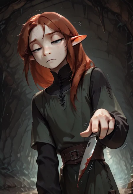1person, solo, Lapanya, Malgha, freckles, pointy ears, Long-sleeve black shirt, green tunic,
Close up, looking downward, low angle, closed mouth, narrowed eyes, gripping knife, pointing knife downward, raising knife, stabbing, movement, motion lines, dynamic pose, blood spray, cold expression,
Underground, organic cavern,
Masterpiece, high quality, highly detailed, perfect eyes,