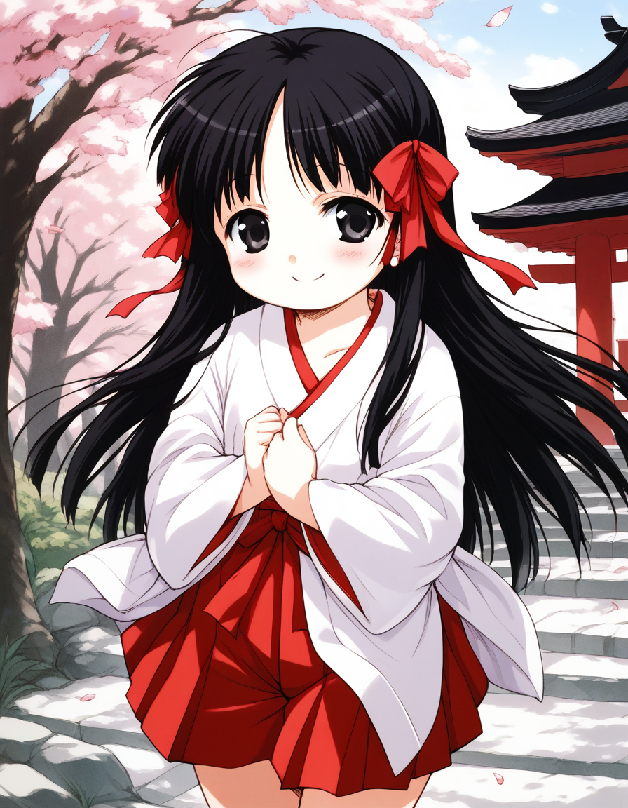 score_9, score_8_up, score_7_up, source_anime, rating_explicit, BREAK  <lora:Hoshino_Hina_XL:0.9> Hoshino_Hina, long hair, black hair, black eyes, hair ribbon, short stack,
japanese white clothes, miko, red hakama, shrine, cherry blossom,
blush, smile,
outdoor, day,
looking at viewer, 
cowboy_Shot,