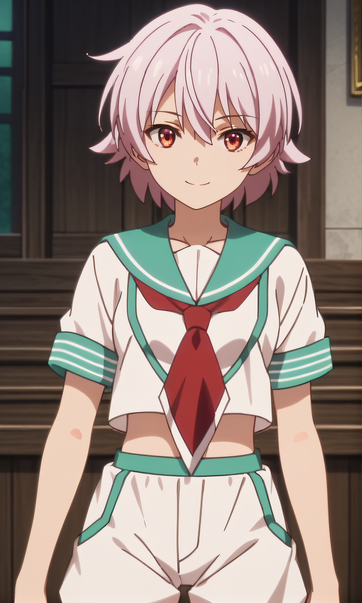 score_9, score_8_up, score_7_up, source_anime, rating_safe, intricate details, anime screencap, official style, anime coloring, 1girl, solo, <lora:Tama:1>, tama, short hair, red eyes, serafuku, navel, short sleeves, white shorts, looking at viewer, smile, indoor, cowboy shot