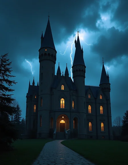 Imagine an image of a gothic mansion on a stormy night, lightning illuminating its towering spires.