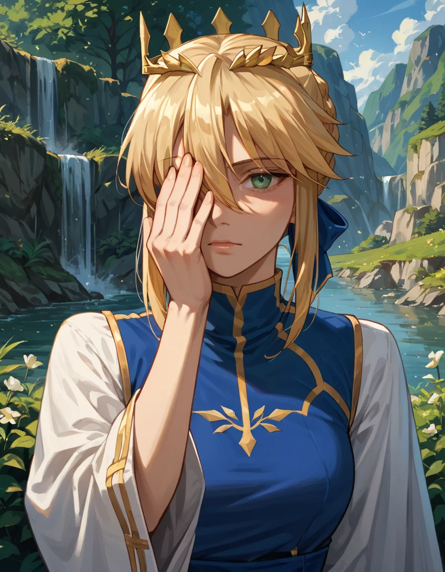 score_9, score_8_up, score_7_up, score_6_up, score_5_up, score_4_up, hud_illum1nat2, hand over eye, solo, 1girl, artoria_caster_\(fate\), outdoors <lora:hud_illum1nat2_XLP:1>,