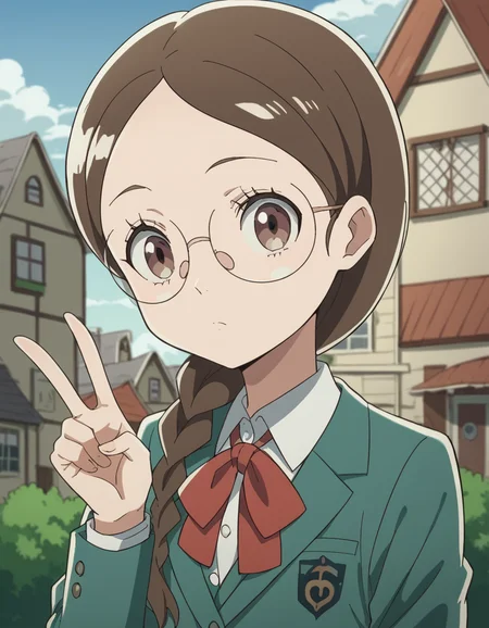 score_9, score_8_up, score_7_up, source_anime, <lora:megumi-takahashi-s1-ponyxl-lora-nochekaiser:1>, megumi takahashi, long hair, brown hair, brown eyes, braid, glasses, hair over shoulder,, school uniform, jacket, blazer, ribbon, red ribbon, green blazer, shirt, white shirt, collared shirt, skirt, pleated skirt, grey skirt,, village, houses, community, rural, farms, , v,, looking at viewer, solo,, dutch angle, cowboy shot