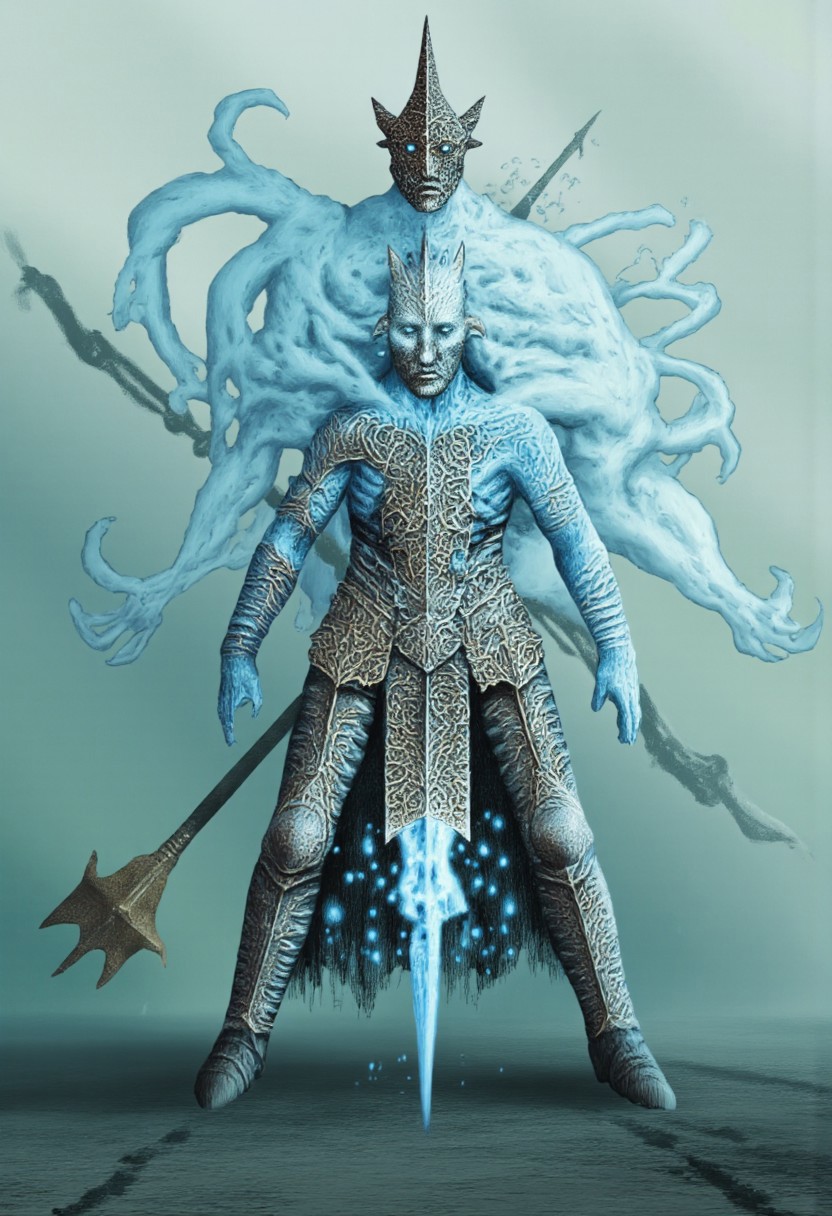 b3rs3rk first person d4concept pov, 3D01S, simple background d4artstyle atmospheric and powerful MikeFranchinastyle dark fantasy, natural organic and first person pov of a berserk style creature
A Tsutomu Nihei Adaru Ethereal armored warrior composed of swirling air and mist, ornate plate armor in frost-blue silver with flowing wind motifs, translucent elemental form visible through armor gaps. Spiked morning star with wind-etched chain floating beside. Armor has curved engravings suggesting air currents, internal ethereal glow seeping through seams. Swirling air distortions and wisps surround the figure, suggesting imminent transformation into cyclone. Dynamic pose with floating quality, mystical atmosphere. Cool silvers and misty grays dominate, armor edges highlighted by rim lighting. Background is atmospheric fog in pale blue-green tones. Hyper-detailed metalwork, ethereal particles drift around joints, sharp contrast between solid armor and ethereal form. Otherworldly presence, digital painting style with watercolor softness for air elements.
UHD letterboxed game trailer frame chromatic aberration dark atmosphere sharp masterpiece with a focus on the character, elden ring style, dark atmosphere, chromatic aberration