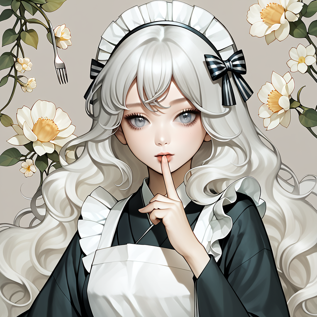 score_9, score_8_up, score_7_up, score_6_up, score_5_up, score_4_up, 
CuteStyle,scrambled, 1girl, solo, long hair, flower, apron, maid headdress,  looking at viewer, white hair, long sleeves, white apron, fork, upper body, white flower, bangs, wa maid, japanese clothes, kimono, bow, grey eyes, wavy hair, hair bow, frilled apron, finger to mouth, 
<lora:Cute_Style_pony:0.8>