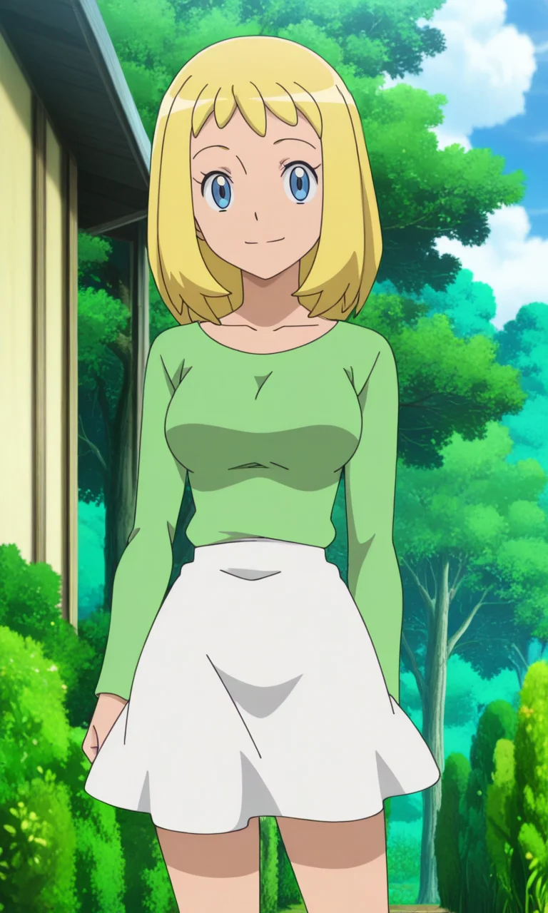 1girl, solo, official style, anime screencap, pmbonnie, blonde hair, medium hair, blue eyes, aged up, green shirt, long-sleeved shirt, white skirt, light smile, closed mouth, outdoors
