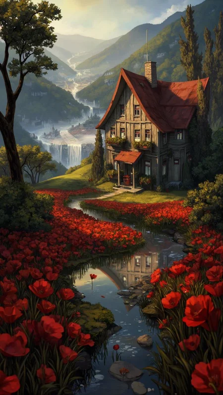 <lora:ck-LttleGhost-000011.safetensors:1> in the style of ck-lttlegh0stIn this surrealist art print, a quaint wooden cottage with a rust-red roof nestles amidst an enchanted landscape. A lush red poppy field stretches towards a serene river, reflecting misty hills and shrouded cityscape in its glassy surface. The scene is bathed in an otherworldly glow, evoking a sense of wonder and mystery.