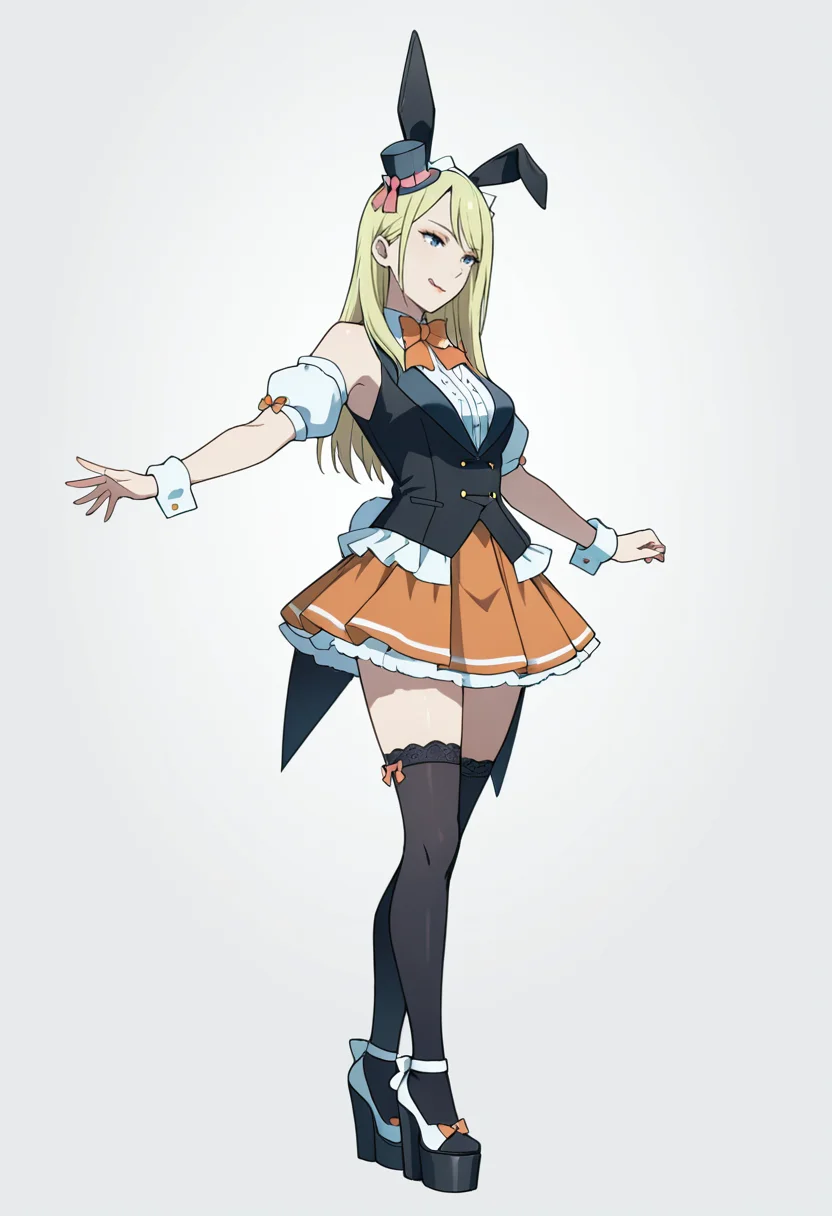 Smooth Quality,masterpiece,very intricate, high quality details, ultra realistic, high detailed skin,detailed enviorement,absurdres,
simple background, white background, dancing, 
 <lora:Moonbeams_Manager_CNR:0.7> moonbear_cnr, 1girl,blonde hair, long hair, blue eyes,rabbit ears, fake animal ears, bare shoulders, makeup, lipstick, mini top hat, black vest, shirt,puffy short sleeves, detached sleeves, wrist cuffs,orange pleated skirt, black thighhighs, frills,bowtie, platform footwear,, wavy mouth,, :q,