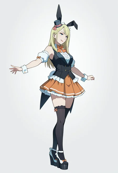 Smooth Quality,masterpiece,very intricate, high quality details, ultra realistic, high detailed skin,detailed enviorement,absurdres,
simple background, white background, dancing, 
 <lora:Moonbeams_Manager_CNR:0.7> moonbear_cnr, 1girl,blonde hair, long hair, blue eyes,rabbit ears, fake animal ears, bare shoulders, makeup, lipstick, mini top hat, black vest, shirt,puffy short sleeves, detached sleeves, wrist cuffs,orange pleated skirt, black thighhighs, frills,bowtie, platform footwear,, wavy mouth,, :q,