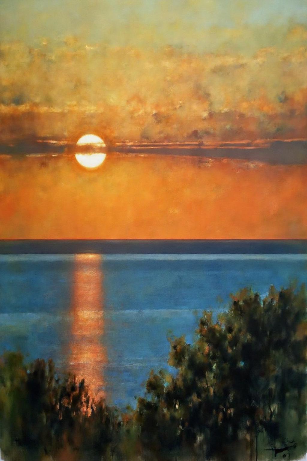 painting. 
A seascape at sunset shows a glowing sun partially behind clouds, reflecting on the calm ocean. A tree or bush silhouette appears in the foreground, with dark green leaves contrasting against the warm sky.
 <lora:billbate1_cap_d8a4e12:1.0><lora:852813748853853080:0>