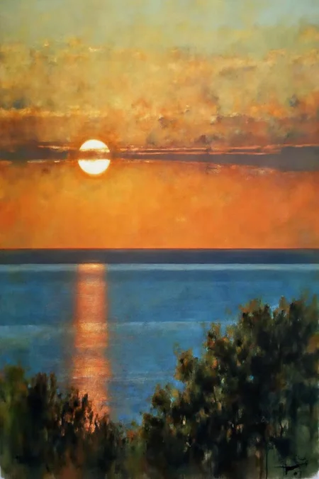 painting.
A seascape at sunset shows a glowing sun partially behind clouds, reflecting on the calm ocean. A tree or bush silhouette appears in the foreground, with dark green leaves contrasting against the warm sky.
<lora:billbate1_cap_d8a4e12:1.0><lora:852813748853853080:0>