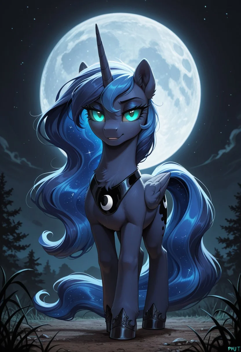 masterpiece, best quality, amazing quality, very aesthetic, absurdres, newest,
1girl, feral, feral pony, princess Luna ((blue fur)), (shorter mane), (( blue mane)), ((teal-colored eyes)), ((eyes_in_darkness)), glowing eyes, slit eyes, little pony, friendship is magic, quadruped, full moon outdoors
((outline)),
black background, void,
p0nuts, <lora:Ponut_Paradise:0.4>