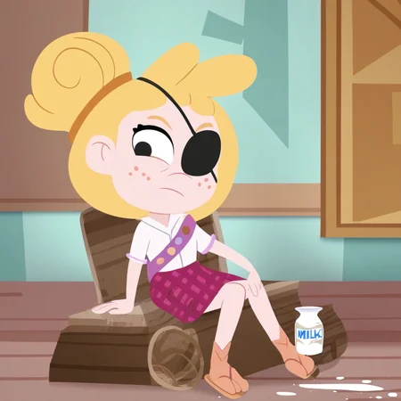 score_9, solo, tabii, blonde hair, freckles, eyepatch, white shirt, plaid skirt, sitting, milk, indoors