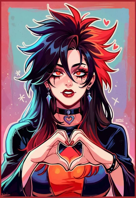 score_9, score_8_up, score_7_up, high quality, bright multi colored eyes, 1 goth women fully clothed for winter, ((black choker, vintage clothes, midage clothes, fantasy clothes, heart hands, crazy wild hair style)), geometric multi colored hearts all over background, large breasts, long hair, love, aesthetic, face in love, (Red glowing border around image,:1.3)