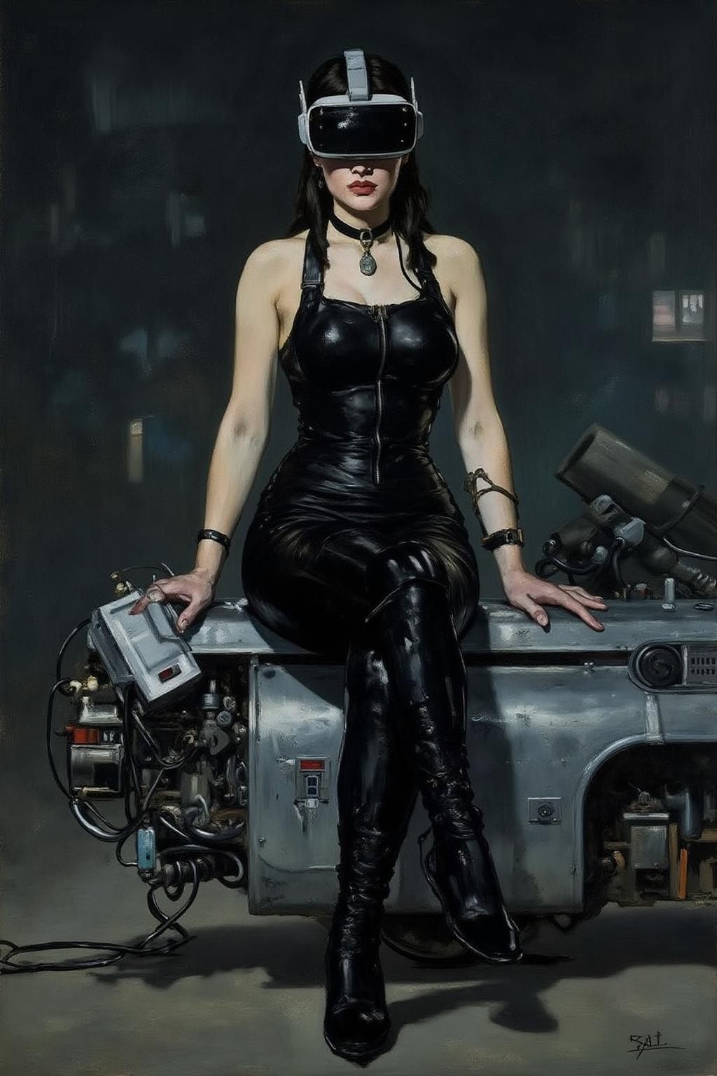edmanet1 painting.
A striking, futuristic scene depicts a woman dressed in sleek, form-fitting leather attire, sitting confidently atop an open power suit, inspired by the cyberpunk aesthetics of Masamune Shirow. The power suit, a blend of advanced technology and military-grade armor, features intricate mechanical details, exposed wiring, and a robust, yet streamlined design. The woman, wearing a cutting-edge VR headset, exudes a sense of control and mastery over the machine beneath her. Her posture is relaxed yet commanding, with one hand resting on the suit's metallic surface and the other casually holding a piece of advanced tech. The background is a high-tech industrial setting, with dim lighting that casts dramatic shadows, highlighting the fusion of human and machine. The overall atmosphere is one of futuristic coolness and cybernetic elegance, capturing the essence of Shirow's iconic style <lora:edmanet1_cap_d6a3e13:1.0><lora:834787547788989684:0>