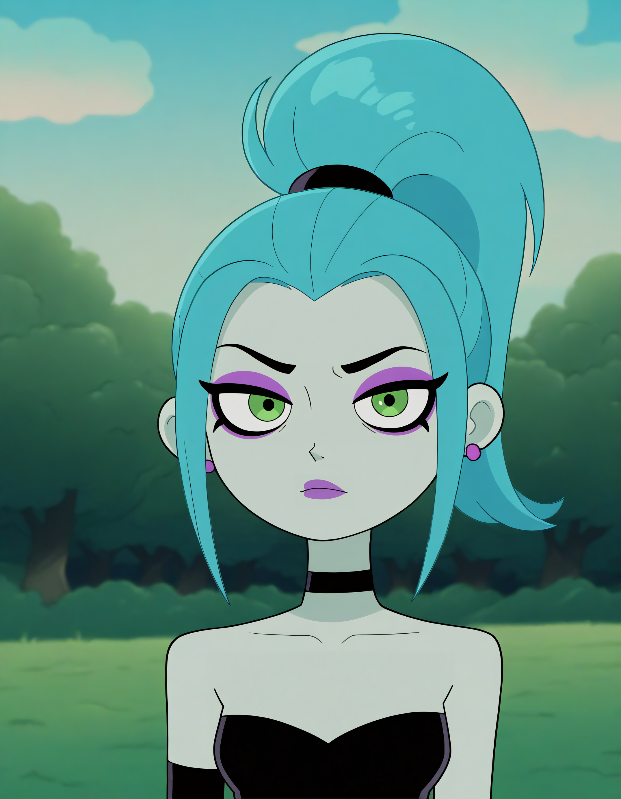 very awa, masterpiece,best quality,amazing quality, best quality, newest, absurdres, highres, detailed background, detailed hair, depth of field, detailed skin, best quality, amazing quality, very aesthetic, high resolution, ultra-detailed, absurdres, OverallDetailXL, skinny, narrow waist, aged up, c3nt4urw0rld, outdoors, tree, parody, nature, sky, forest, cloud, grass, emberm, blue hair, earrings, jewelry, ponytail, makeup, green eyes, lipstick, colored skin, purple lips, choker, eyeshadow, single elbow glove, portrait, facing viewer, looking at viewer,,