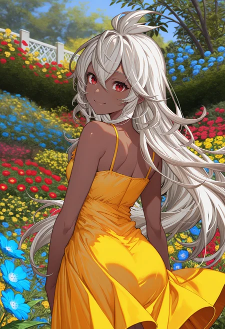 masterpiece, best quality, 1girl, solo, Z00ey, red eyes, grey hair, long hair, ahoge, dark skin, from behind, looking at viewer, yellow sundress, outdoors, garden, yellow flower, red flower, blue flower, smile, colorful, <lora:Gareji_Style_Mika_Pikazo:1>, <lora:ChamZooeyNoob:1>