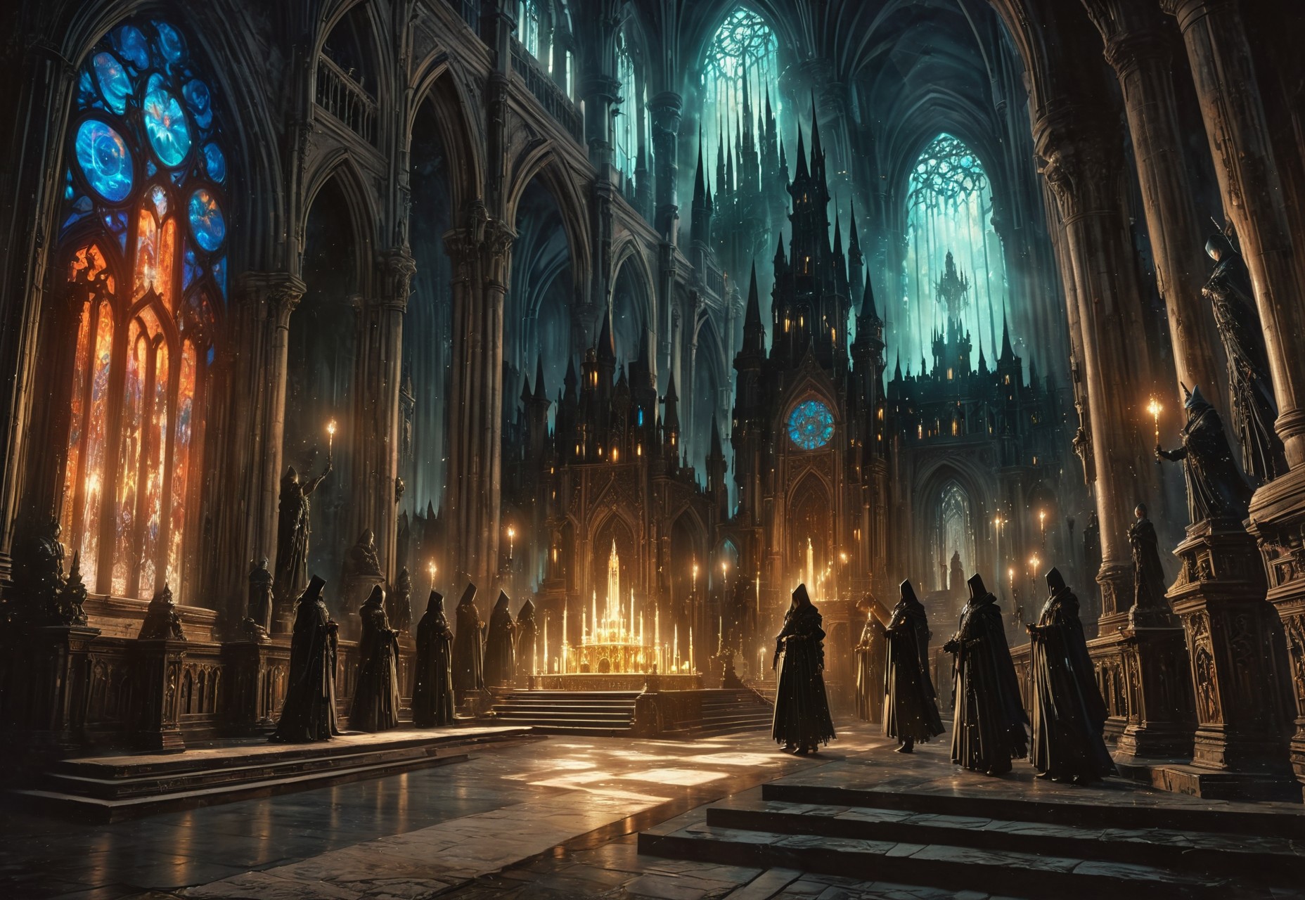 1other, indoors, balcony, window, stained glass, tower, stairs, multiple others, ambiguous gender, fantasy, architecture, altar, standing, weapon, multiple boys, arches, flying buttresses, (low-angle high-angle shot of a grand hall capturing the castle's grandeur:1.2). 

The castle is decorated with antique furniture and statues. Two hooded acolytes, dressed in dark clothing, are performing a dark ritual at an altar. A disturbing and ominous scene inside a gothic castle., The illustration captures a sense of mystery and intrigue., 

crepuscular rays, volumetric lighting, light bloom, (deep glow effect:1.3), 

anime artwork, anime style, studio anime, realistic, hyperrealism, 

highly detailed, masterpiece, best quality, very aesthetic, absurdres, cinematic lighting, 

DonM3t3rn1tyXL, Bloodborne, artchlr, DonMG414XL, otclillsn, 
