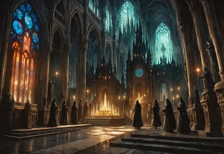 1other, indoors, balcony, window, stained glass, tower, stairs, multiple others, ambiguous gender, fantasy, architecture, altar, standing, weapon, multiple boys, arches, flying buttresses, (low-angle high-angle shot of a grand hall capturing the castle's grandeur:1.2). 

The castle is decorated with antique furniture and statues. Two hooded acolytes, dressed in dark clothing, are performing a dark ritual at an altar. A disturbing and ominous scene inside a gothic castle., The illustration captures a sense of mystery and intrigue., 

crepuscular rays, volumetric lighting, light bloom, (deep glow effect:1.3), 

anime artwork, anime style, studio anime, realistic, hyperrealism, 

highly detailed, masterpiece, best quality, very aesthetic, absurdres, cinematic lighting, 

DonM3t3rn1tyXL, Bloodborne, artchlr, DonMG414XL, otclillsn, 
