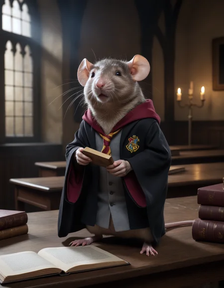 award-winning masterpiece, photo of a small anthropomorphic rat wearing a Hogwarts costume, Hogwarts classroom, high-quality, super-detailed, in the style of dark cinematic fine-art portraits, dramatic lighting, soft shadows, rich textures, moody atmosphere